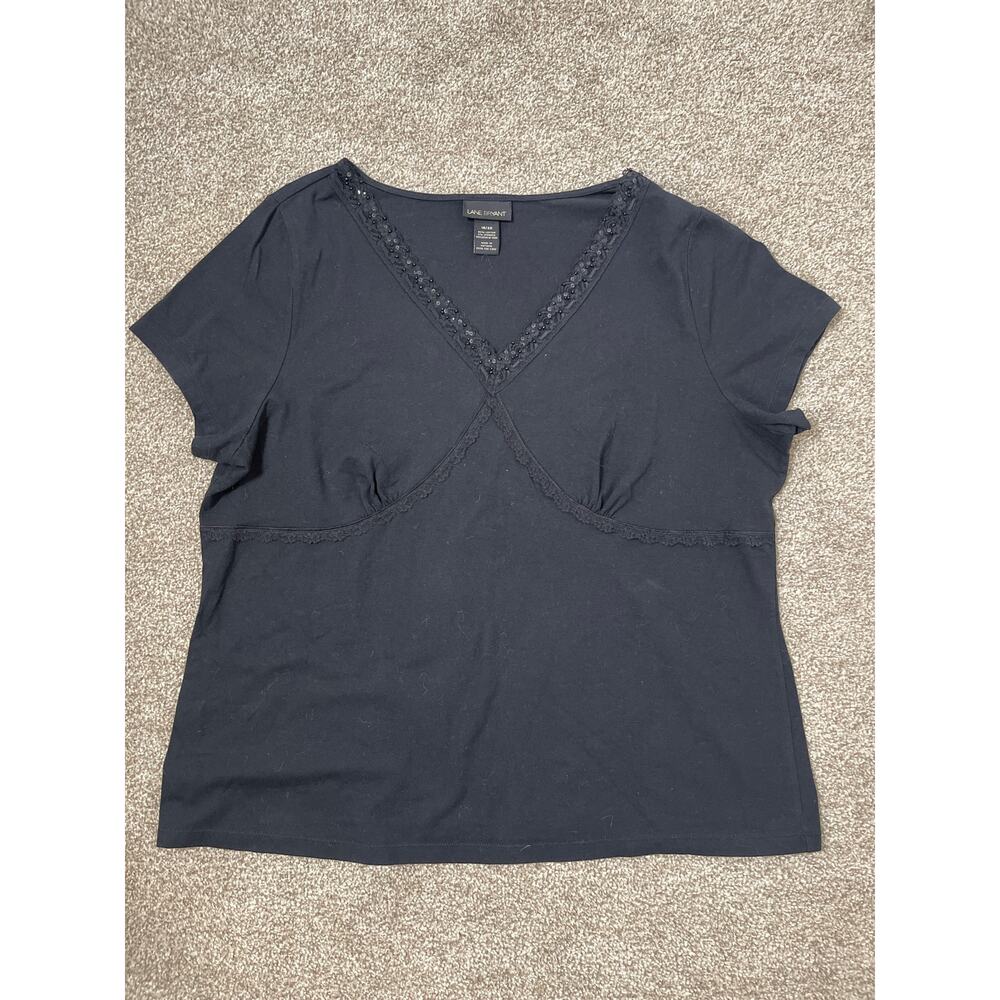 Lane Bryant Womens Y2K Whimsical Beaded Lace V-neck Short Sleeve Top Black 18/20